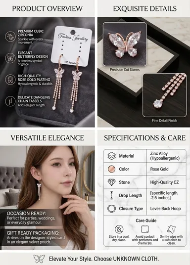 Elegant Rose Gold-Tone Butterfly Drop Earrings with Cubic Zirconia Tassel Accents for Women and Girls thumbnail 3