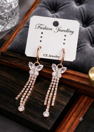 Elegant Rose Gold-Tone Butterfly Drop Earrings with Cubic Zirconia Tassel Accents for Women and Girls thumbnail 2