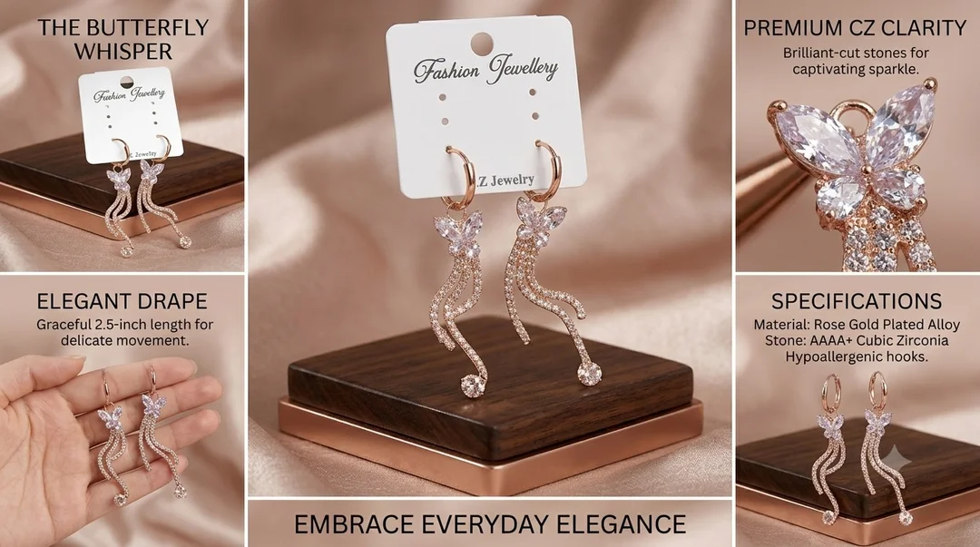 Elegant Rose Gold-Tone Butterfly Drop Earrings with Cubic Zirconia Tassel Accents for Women and Girls image 2