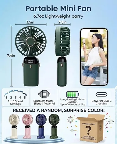 Portable Mini Handheld USB-C Rechargeable Fan with LED Digital Display, Mobile Phone Stand, Neck Lanyard, 5-Speed Personal Desktop Cooling Fan for Travel, Office, Home, Outdoor, Camping, Rechargeable Battery (Random Colour) thumbnail 1