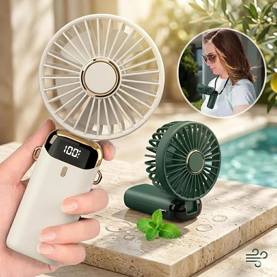 Portable Mini Handheld USB-C Rechargeable Fan with LED Digital Display, Mobile Phone Stand, Neck Lanyard, 5-Speed Personal Desktop Cooling Fan for Travel, Office, Home, Outdoor, Camping, Rechargeable Battery (Random Colour) image 5