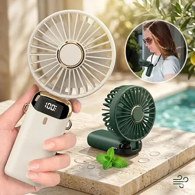 Portable Mini Handheld USB-C Rechargeable Fan with LED Digital Display, Mobile Phone Stand, Neck Lanyard, 5-Speed Personal Desktop Cooling Fan for Travel, Office, Home, Outdoor, Camping, Rechargeable Battery (Random Colour) thumbnail 4