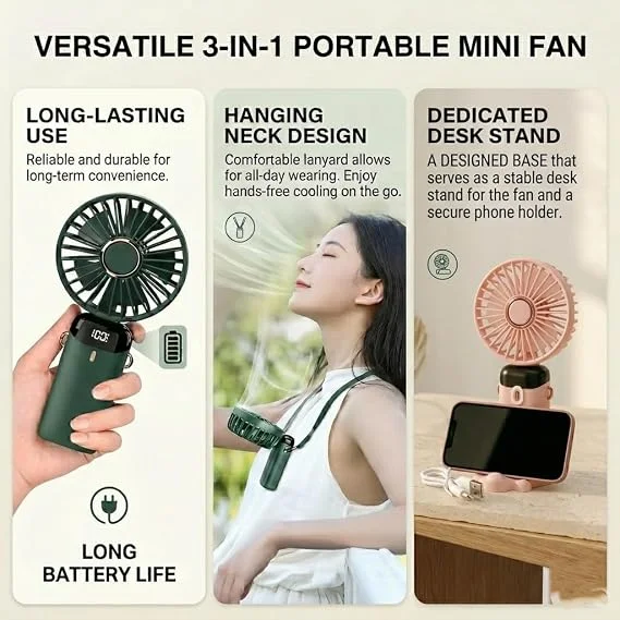 Portable Mini Handheld USB-C Rechargeable Fan with LED Digital Display, Mobile Phone Stand, Neck Lanyard, 5-Speed Personal Desktop Cooling Fan for Travel, Office, Home, Outdoor, Camping, Rechargeable Battery (Random Colour) image 3