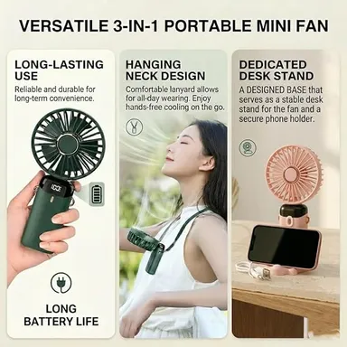 Portable Mini Handheld USB-C Rechargeable Fan with LED Digital Display, Mobile Phone Stand, Neck Lanyard, 5-Speed Personal Desktop Cooling Fan for Travel, Office, Home, Outdoor, Camping, Rechargeable Battery (Random Colour) thumbnail 2
