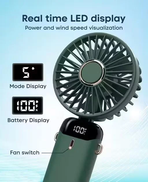 Portable Mini Handheld USB-C Rechargeable Fan with LED Digital Display, Mobile Phone Stand, Neck Lanyard, 5-Speed Personal Desktop Cooling Fan for Travel, Office, Home, Outdoor, Camping, Rechargeable Battery (Random Colour) image 4