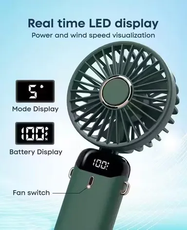 Portable Mini Handheld USB-C Rechargeable Fan with LED Digital Display, Mobile Phone Stand, Neck Lanyard, 5-Speed Personal Desktop Cooling Fan for Travel, Office, Home, Outdoor, Camping, Rechargeable Battery (Random Colour) thumbnail 3