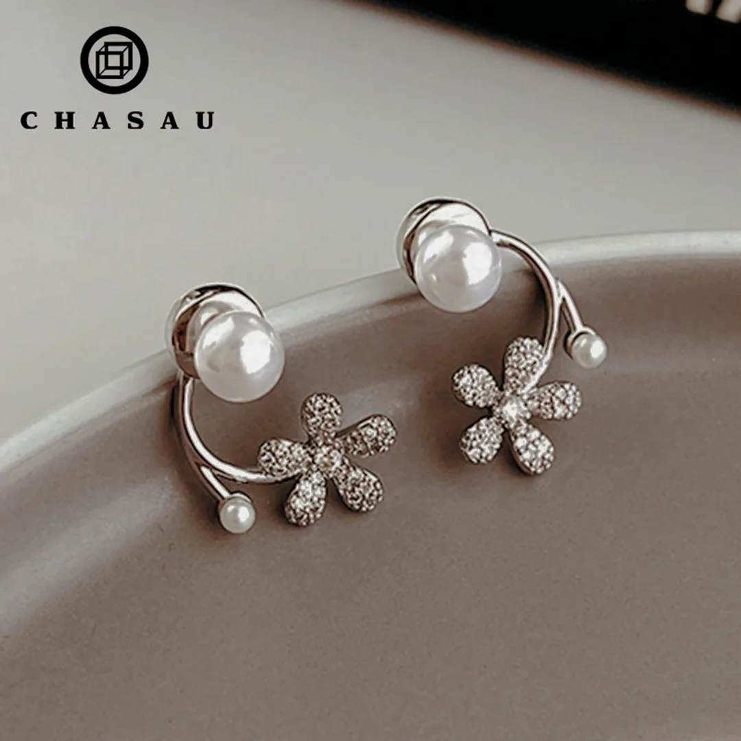 Elegant Floral Stud Earrings with Pearl and Cubic Zirconia Accents for Women and Girls image 4