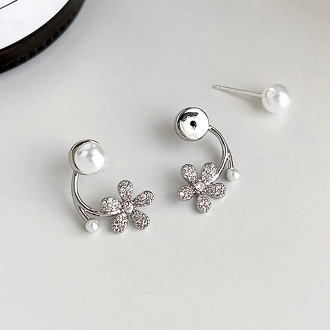 Elegant Floral Stud Earrings with Pearl and Cubic Zirconia Accents for Women and Girls image 2