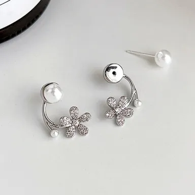 Elegant Floral Stud Earrings with Pearl and Cubic Zirconia Accents for Women and Girls thumbnail 1
