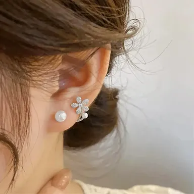 Elegant Floral Stud Earrings with Pearl and Cubic Zirconia Accents for Women and Girls thumbnail 2