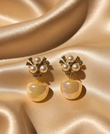 Gold-Plated Floral Stud Earrings with Lustrous Pearl Accents and Delicate Stone Embellishments for Women thumbnail 3