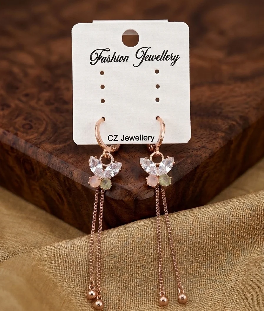 Gold-Plated Butterfly Design CZ Dangle Earrings with Chain Tassels, Multi-Color Stone Accents, Lightweight Fashion Earrings for Women & Girls image 3