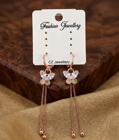 Gold-Plated Butterfly Design CZ Dangle Earrings with Chain Tassels, Multi-Color Stone Accents, Lightweight Fashion Earrings for Women & Girls thumbnail 2