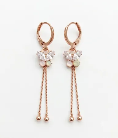 Gold-Plated Butterfly Design CZ Dangle Earrings with Chain Tassels, Multi-Color Stone Accents, Lightweight Fashion Earrings for Women & Girls thumbnail 1