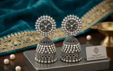 Silver Plated Floral Design Jhumka Earrings with Iridescent Rhinestones and Hanging Beads for Ethnic Wear thumbnail 4