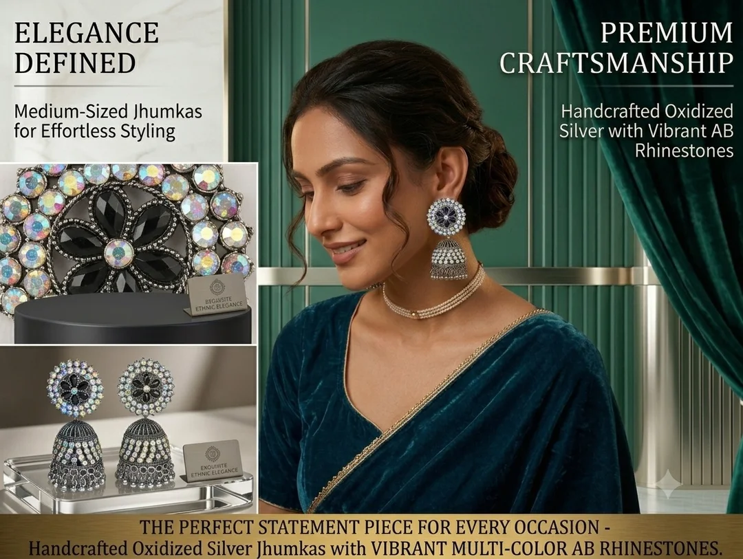 Silver Plated Floral Design Jhumka Earrings with Iridescent Rhinestones and Hanging Beads for Ethnic Wear image 2