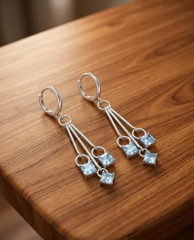 Elegant Silver-Toned Triple Princess Cut Light Blue Stone Drop Earrings with Secure Hoop Closures for Women Party Wear Fashion Jewellery thumbnail 2