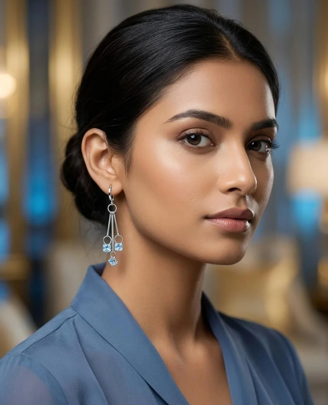 Elegant Silver-Toned Triple Princess Cut Light Blue Stone Drop Earrings with Secure Hoop Closures for Women Party Wear Fashion Jewellery image 2