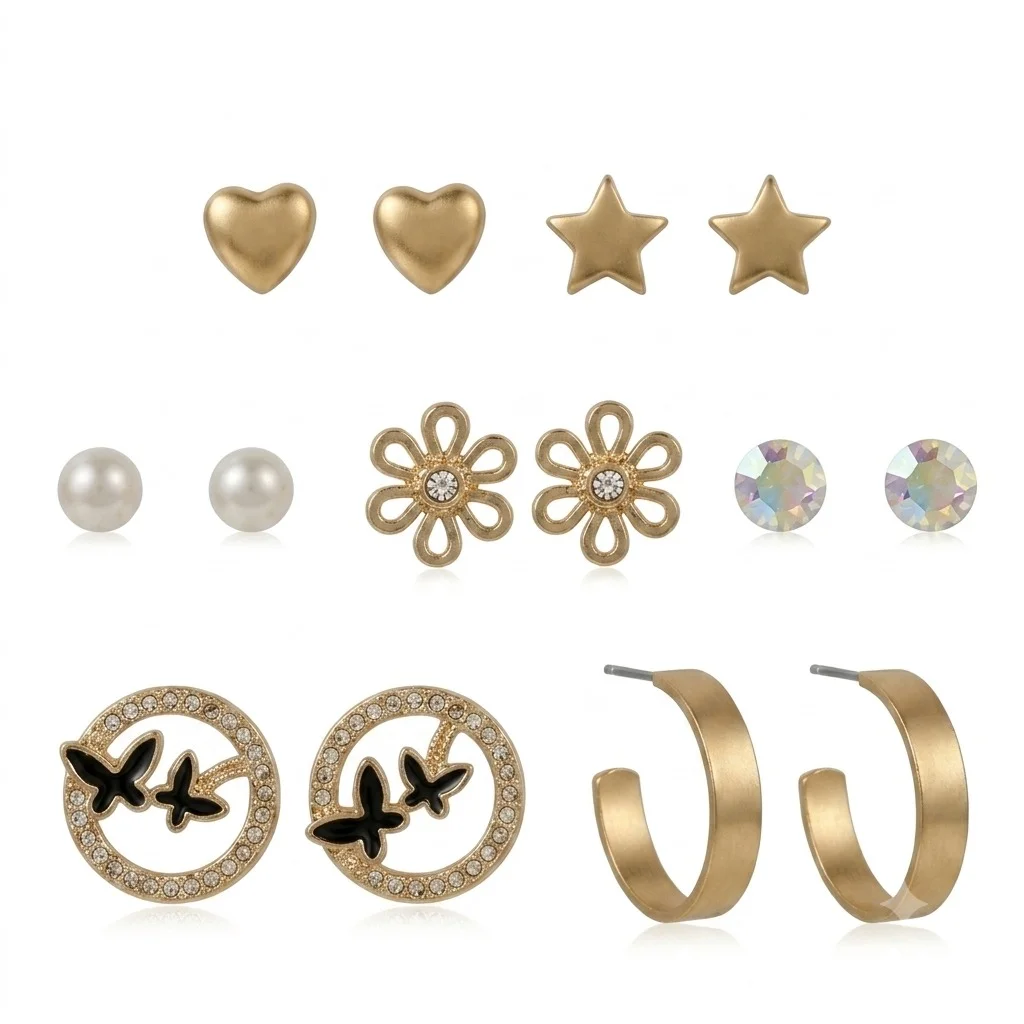 Gold Tone Multi Design Stud Earrings Set for Women | Heart Star Flower Crystal Circle Hoop Earrings | Korean Fashion Everyday Jewelry | 12 Pair Multipack image 2