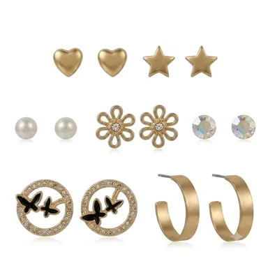Gold Tone Multi Design Stud Earrings Set for Women | Heart Star Flower Crystal Circle Hoop Earrings | Korean Fashion Everyday Jewelry | 12 Pair Multipack thumbnail 1