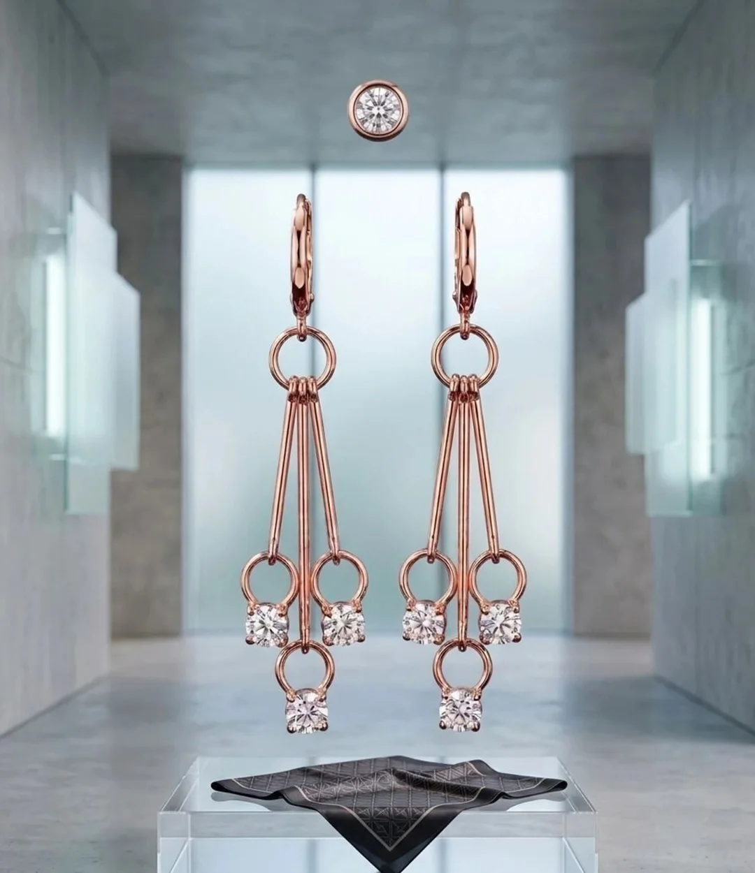 Rose Gold Tone Triple-Tier Geometric Drop Earrings with Round Cut Cubic Zirconia Crystal Dangle Earrings for Women & Girls Party Wedding Fashion Jewelry image 2