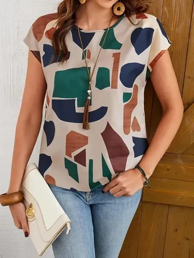 Women's Boho-Chic Abstract Geometric Print Regular Fit Top | Short Sleeve Crew Neck Casual Top Boho Geometric  M thumbnail 4