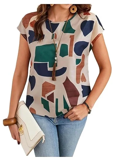 Women's Boho-Chic Abstract Geometric Print Regular Fit Top | Short Sleeve Crew Neck Casual Top Boho Geometric  M image 4