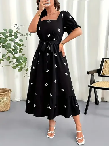 Elegant Black Floral Print Midi Dress for Women with Square Neck, Tie-Up Waist, Puff Sleeves & Flared A-Line Fit Black Floral Print Midi Dress S thumbnail 0