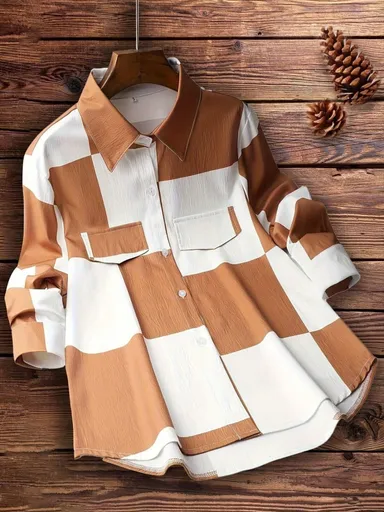 Women's Casual Two-Tone Colorblock Button-Down Shirt with Long Sleeves, Utility Chest Pockets, Relaxed Fit, Streetwear Casual Overshirt for Everyday Wear Button-Down Shirt M thumbnail 0