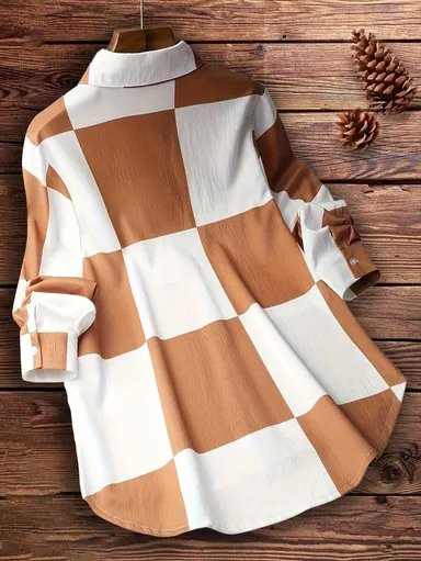 Women's Casual Two-Tone Colorblock Button-Down Shirt with Long Sleeves, Utility Chest Pockets, Relaxed Fit, Streetwear Casual Overshirt for Everyday Wear Button-Down Shirt XL thumbnail 1