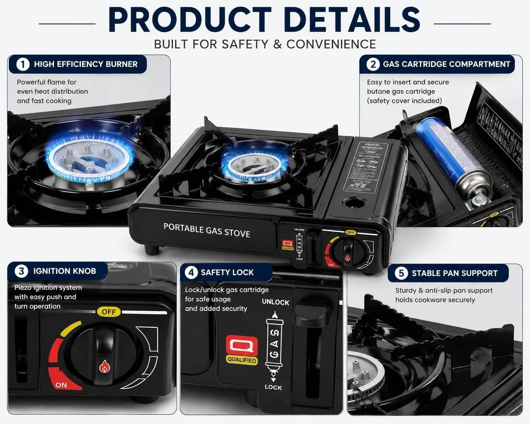 2 in 1 Portable Camping Gas Stove Butane Gas & LPG Cylinder Compatible Single Burner Stove with Automatic Piezo Ignition for Outdoor Cooking Picnic Trekking Emergency Use image 7