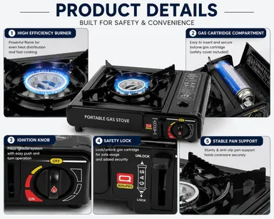 2 in 1 Portable Camping Gas Stove Butane Gas & LPG Cylinder Compatible Single Burner Stove with Automatic Piezo Ignition for Outdoor Cooking Picnic Trekking Emergency Use thumbnail 6
