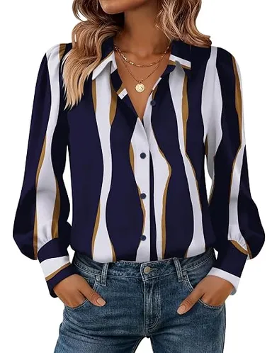 Women Navy Blue and White Abstract Striped Collared Button-Down Shirt Navy Blue S thumbnail 0