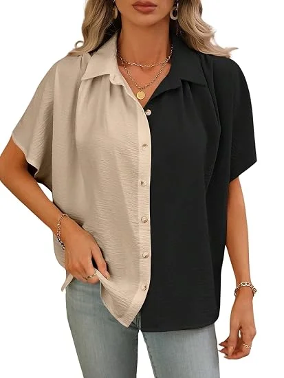 Women's Two-Tone Colorblock Button-Down Shirt with Long Sleeves, Relaxed Fit, Soft Breathable Fabric, Collared Casual Office Wear Top, Front Button Closure, Everyday Fashion Shirt for Work, Travel, College and Weekend Outfits Button-Down XXL image 4