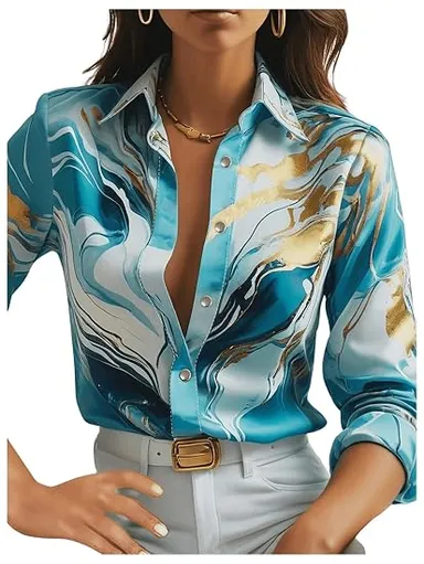 Women's Blue & Gold Marbled Print Long Sleeve Button-Down Shirt – Premium Relaxed Fit Casual & Office Wear Top Blue M thumbnail 0