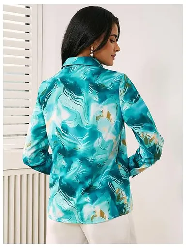 Women's Blue & Gold Marbled Print Long Sleeve Button-Down Shirt – Premium Relaxed Fit Casual & Office Wear Top Blue M thumbnail 4