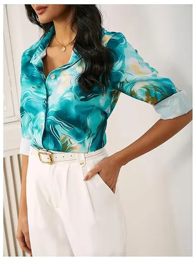 Women's Blue & Gold Marbled Print Long Sleeve Button-Down Shirt – Premium Relaxed Fit Casual & Office Wear Top Blue XXL thumbnail 1