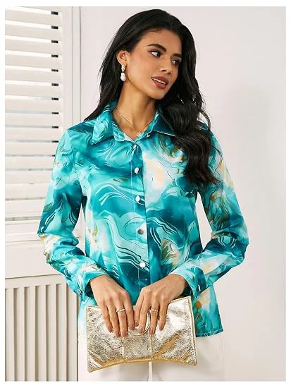 Women's Blue & Gold Marbled Print Long Sleeve Button-Down Shirt – Premium Relaxed Fit Casual & Office Wear Top Blue XXL image 4