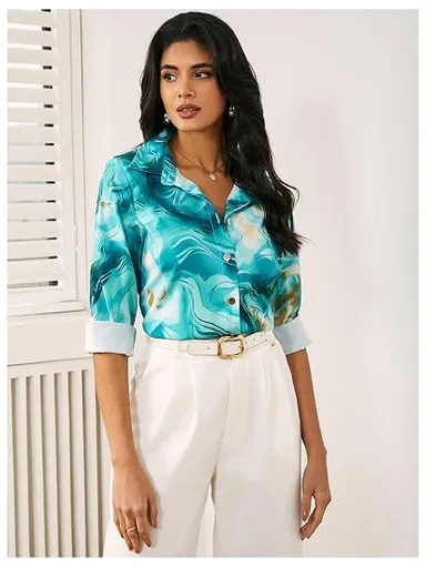 Women's Blue & Gold Marbled Print Long Sleeve Button-Down Shirt – Premium Relaxed Fit Casual & Office Wear Top Blue XXL thumbnail 2