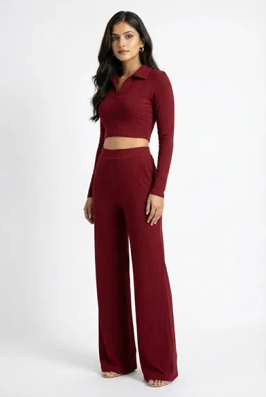 Women's Maroon Ribbed Knit Long-Sleeve Collared Crop Top and High-Waisted Wide-Leg Lounge Pants Two-Piece Set Maroon L thumbnail 1