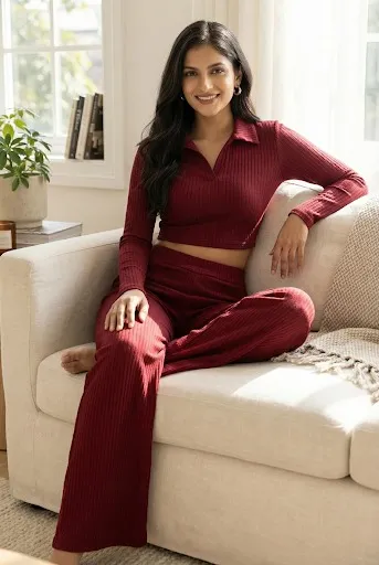 Women's Maroon Ribbed Knit Long-Sleeve Collared Crop Top and High-Waisted Wide-Leg Lounge Pants Two-Piece Set Maroon XXL thumbnail 0