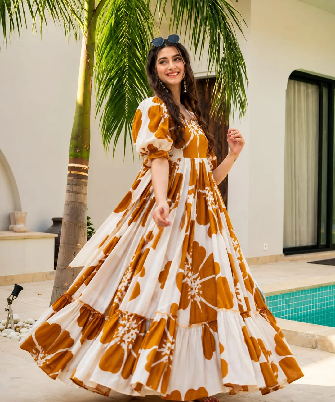Women Mustard Floral Printed Tiered Maxi Dress with Puff Sleeves and Flared Anarkali Gown Style Casual Summer Long Dress Yellow S image 3