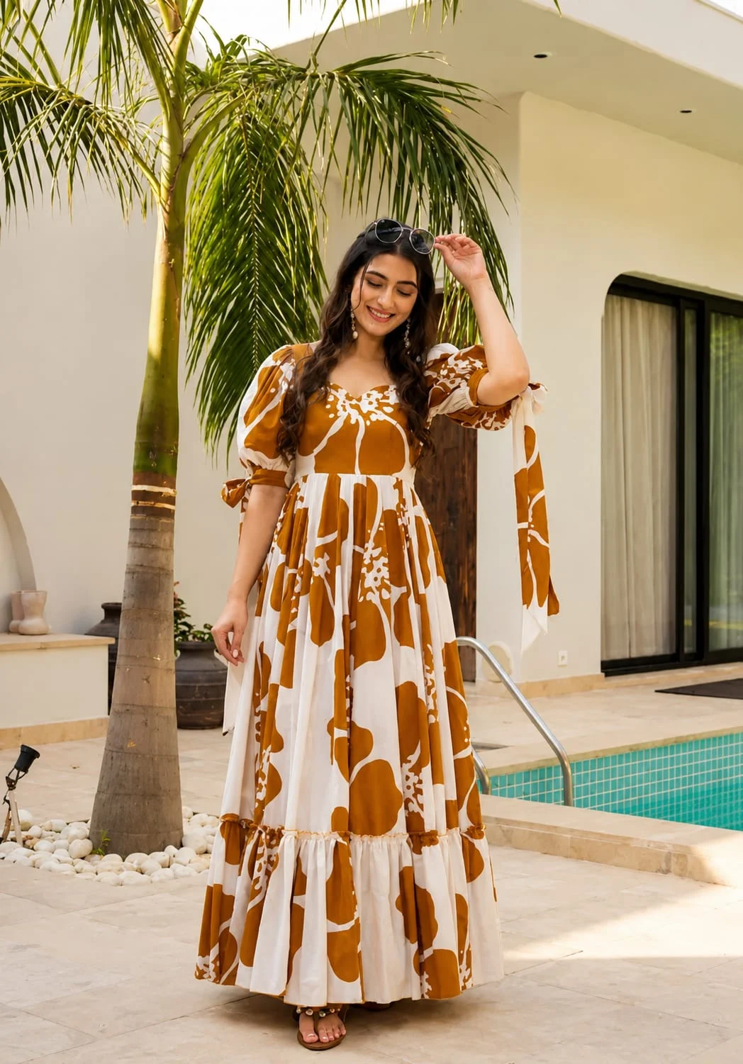 Women Mustard Floral Printed Tiered Maxi Dress with Puff Sleeves and Flared Anarkali Gown Style Casual Summer Long Dress Yellow XXL image 1