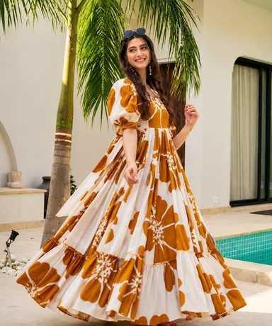 Women Mustard Floral Printed Tiered Maxi Dress with Puff Sleeves and Flared Anarkali Gown Style Casual Summer Long Dress Yellow XXL thumbnail 2