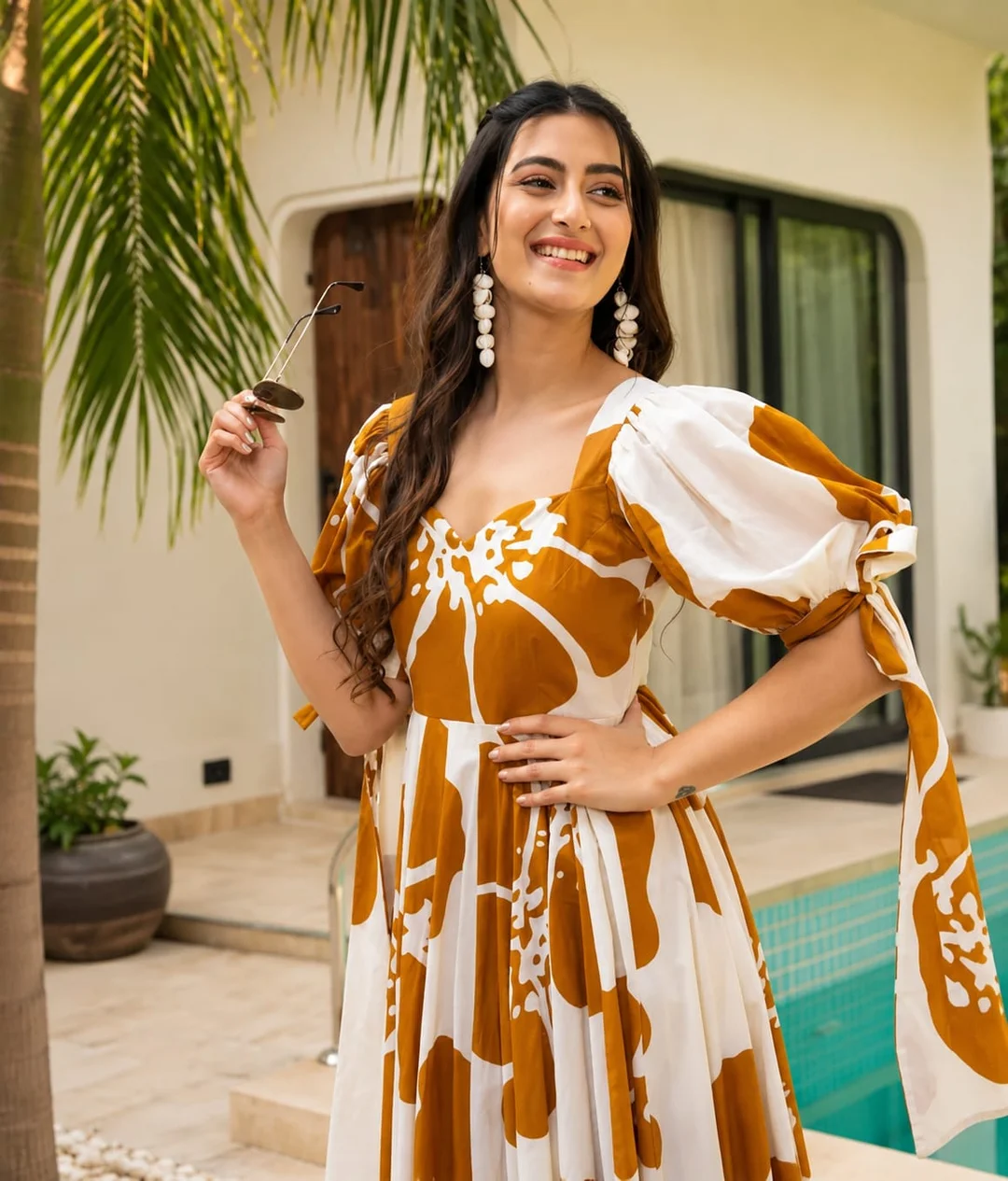 Women Mustard Floral Printed Tiered Maxi Dress with Puff Sleeves and Flared Anarkali Gown Style Casual Summer Long Dress Yellow XXL image 4