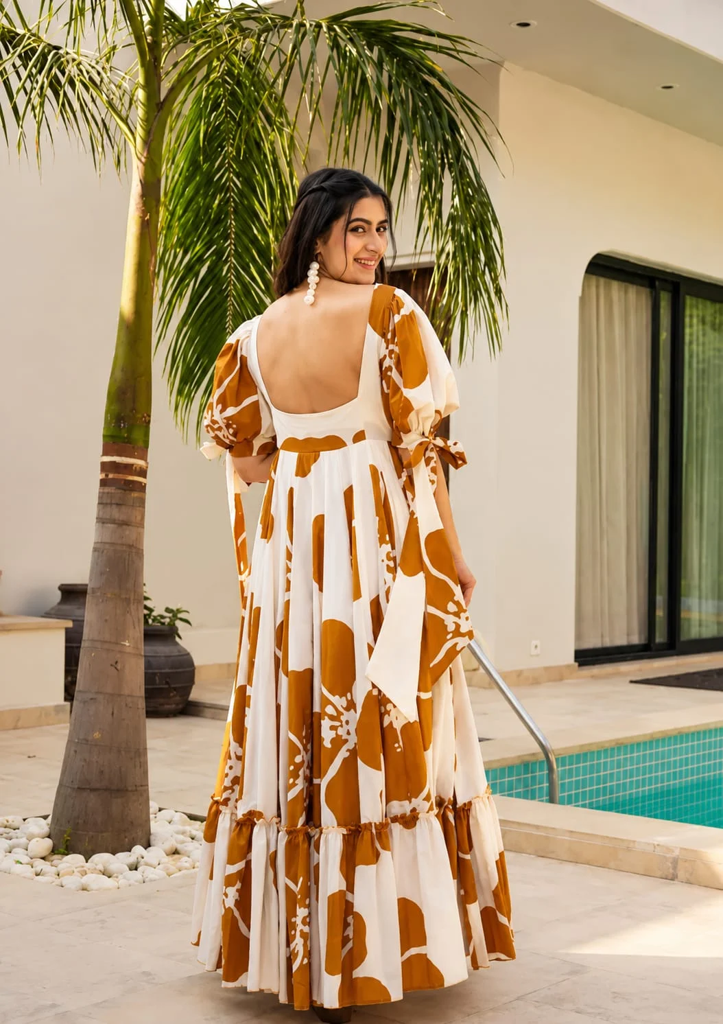 Women Mustard Floral Printed Tiered Maxi Dress with Puff Sleeves and Flared Anarkali Gown Style Casual Summer Long Dress Yellow XXL image 2