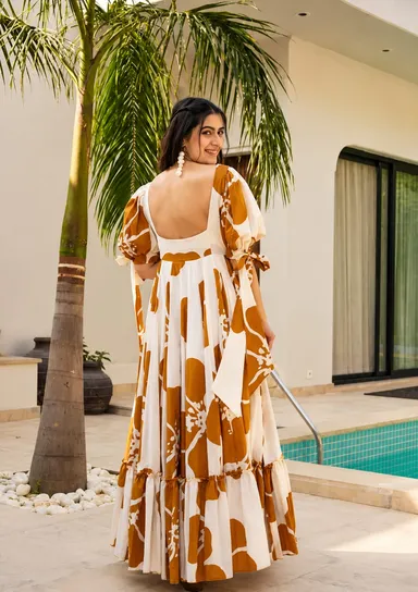Women Mustard Floral Printed Tiered Maxi Dress with Puff Sleeves and Flared Anarkali Gown Style Casual Summer Long Dress Yellow XXL thumbnail 1