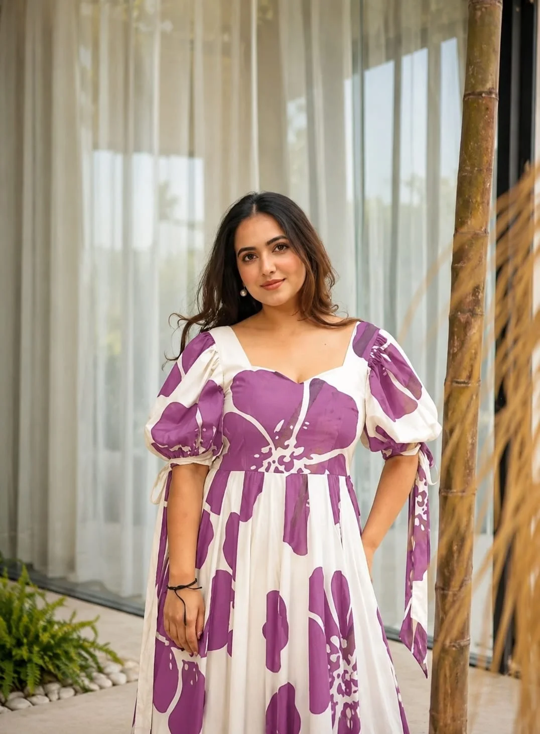 Women Mustard Floral Printed Tiered Maxi Dress with Puff Sleeves and Flared Anarkali Gown Style Casual Summer Long Dress Pink XXL image 4