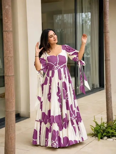 Women Mustard Floral Printed Tiered Maxi Dress with Puff Sleeves and Flared Anarkali Gown Style Casual Summer Long Dress Pink XXL thumbnail 1