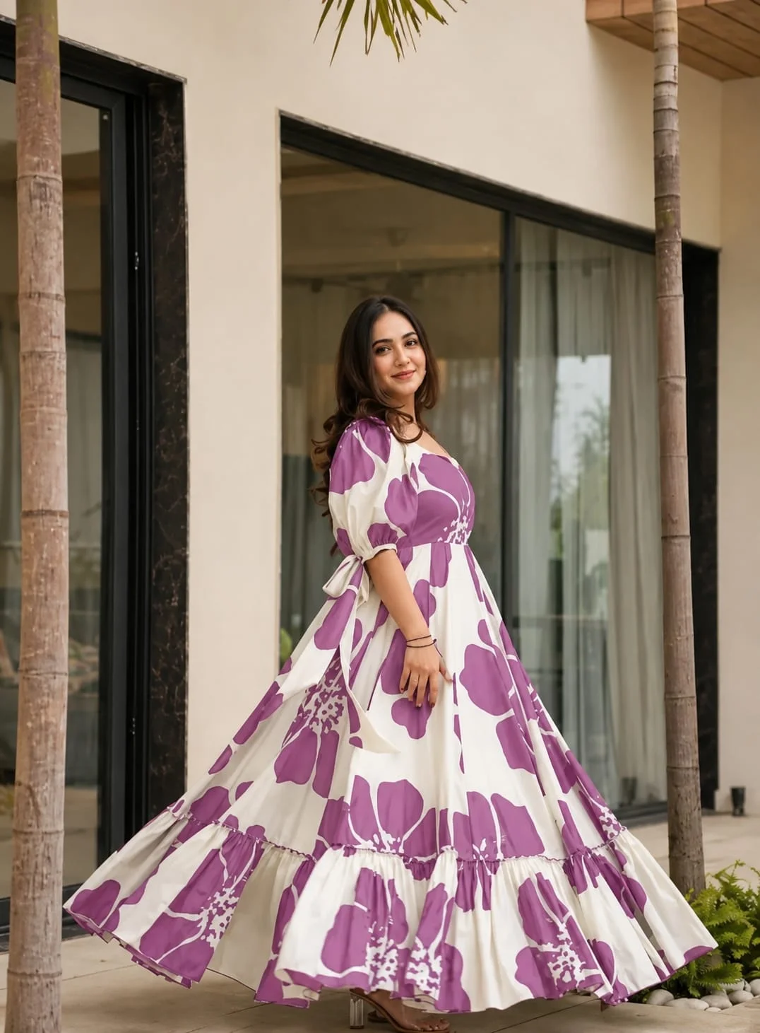 Women Mustard Floral Printed Tiered Maxi Dress with Puff Sleeves and Flared Anarkali Gown Style Casual Summer Long Dress Pink XXL image 3